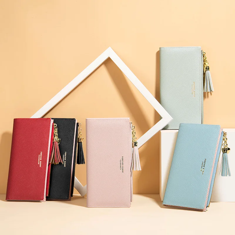 Wallets Coin Purse Cross-Pattern Women Clutch Long Zipper Multi-Card Fashion Tassel 
