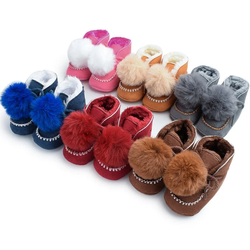 

Snow Baby boots with Fur Ball Winter Keep Warm Natural fur wool Crib Bebe Boys Girls Genuine leather sheepskin Kids boots