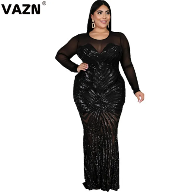 VAZN, высокое качество, большие размеры, расшитое блестками, Сексуальные вечерние платья, пэчворк, кружевное, длинный рукав, тонкая высокая талия, Женское Платье Макси - Цвет: Черный