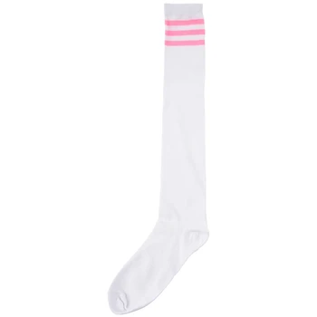 

1pair Womens Athlete Thin Stripes Solid Thigh Highs Tights Over Knee Socks White w Pink