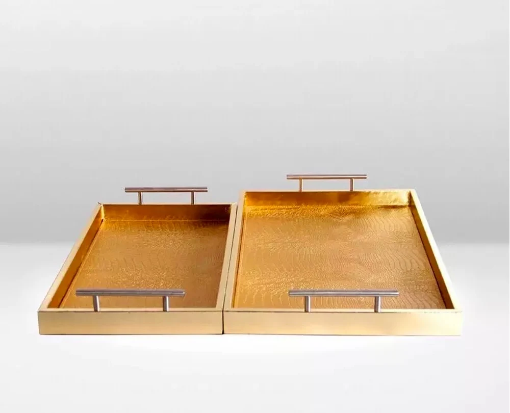 

Customized golden crocodile PU leather storage tray with handle rectangular Hotel/home sundries storage tray