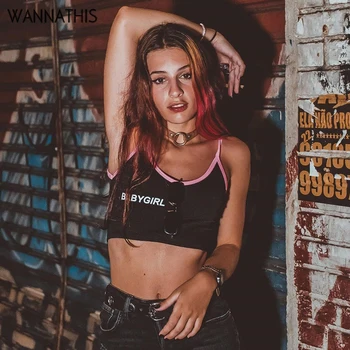 

WannaThis Camis Sleeveless Letter Print Women Cropped Top Women Slim Elastic Slim Patchwork Pink Stripe Backless Summer Camisole