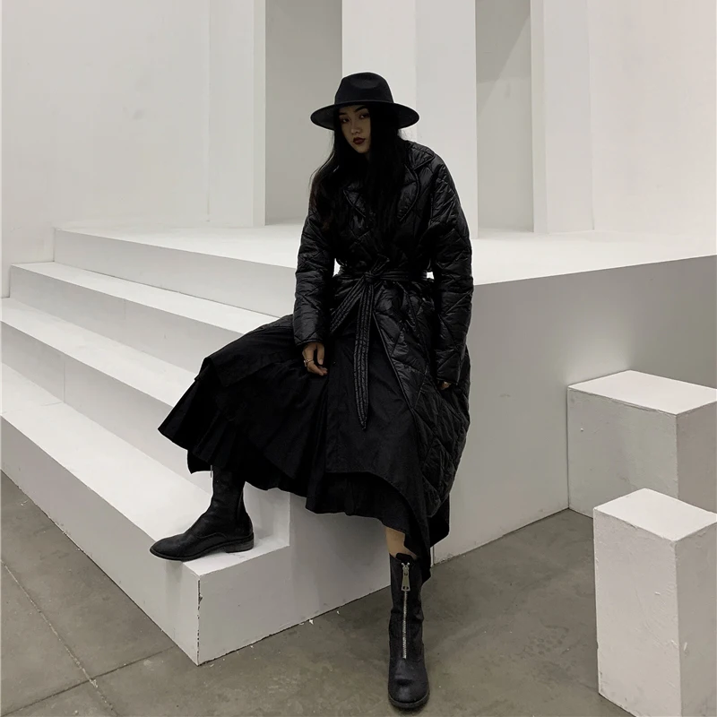 Новинка корейский стиль Женская однотонная черная Повседневная парка пальто с поясом женский длинный пиджак теплая ветровка пальто дизайн 1207A-26