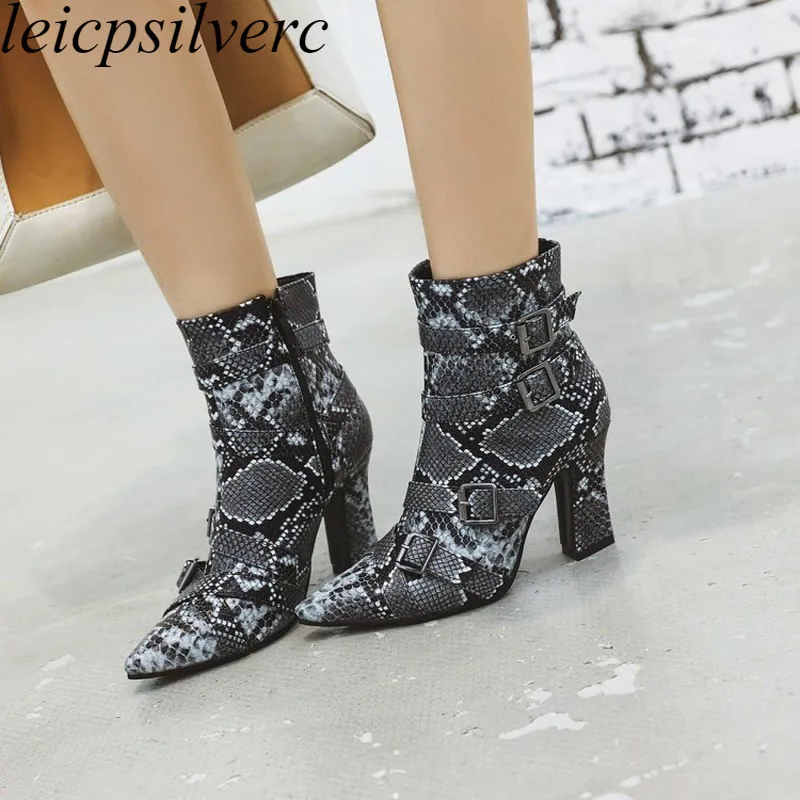 

Women Boots Autumn Winter High Heel Pu Zip Pointed ToeThick Heel Ankle 2019 Simple Versatile Booties Fashion White Big Size34-48