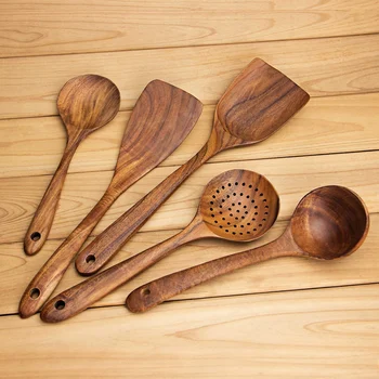 

AFBC Wooden Spoons, Wooden Spoons for Cooking, 5-Piece Reusable Wood Kitchen Utensils Set Tools for Cooking Nonstick Cookware