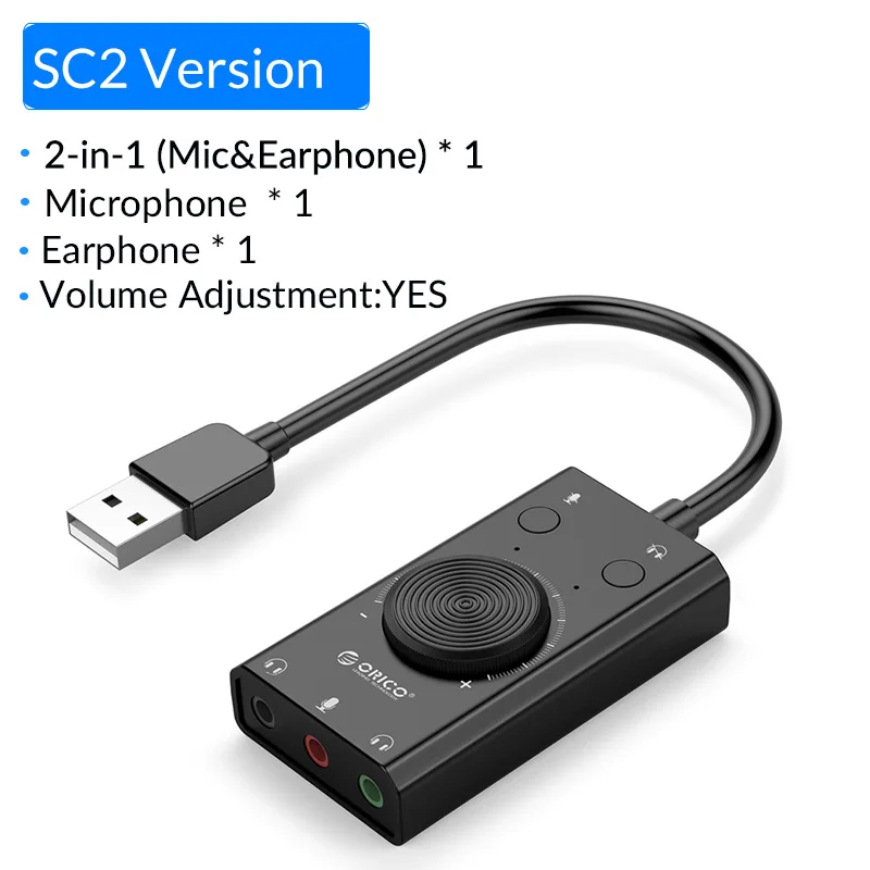 ORICO, звуковая карта, внешний USB интерфейс, 3,5 мм, стерео микрофон, аудио, регулировка громкости, бесплатный адаптер для привода, для ноутбука, PS4, головной убор - Цвет: SC2