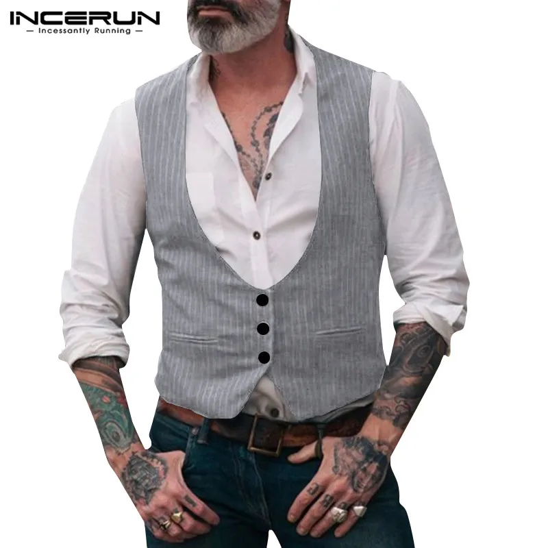 

INCERUN Formal Business Pinstripe Suit Dress Waistcoat Leisure Slim Fitness Vests High-end Retro Gentlemen Blazer Vests Jackets