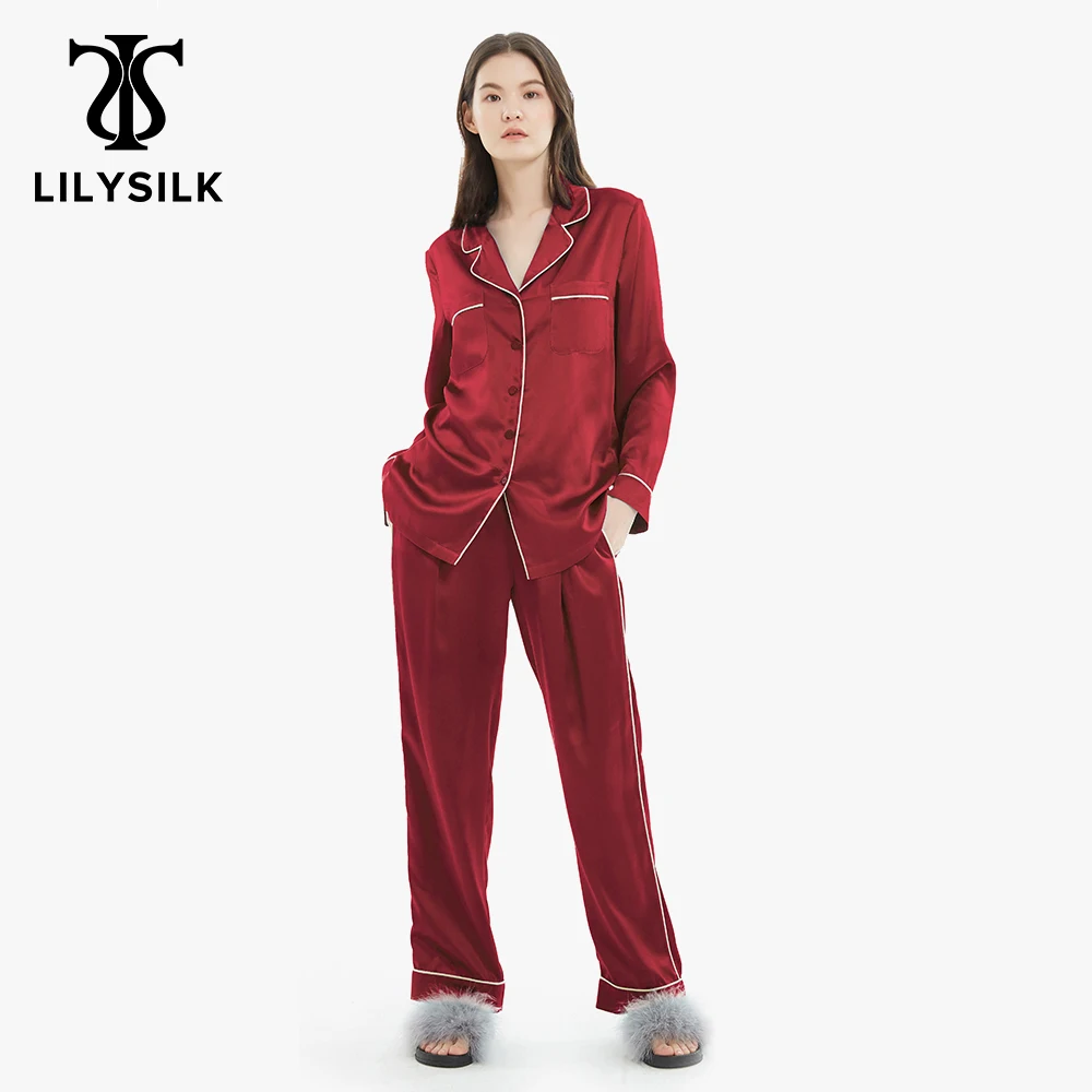 Lilysilk 100 Silk Pajamas Set Gold Piping Silk Women Full Length 22 Momme Mulberry Free Shipping