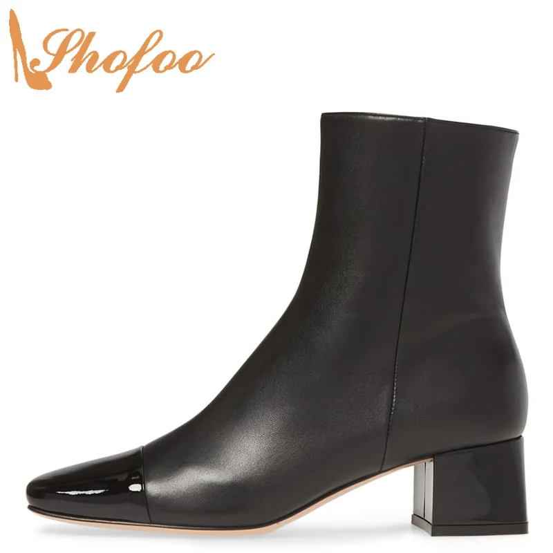 

Black Patent Leather Square Toe Med Chunky Heels Woman Booties Ankle Boots Large Size 11 14 Ladies Winter Fashion Shoes Shofoo