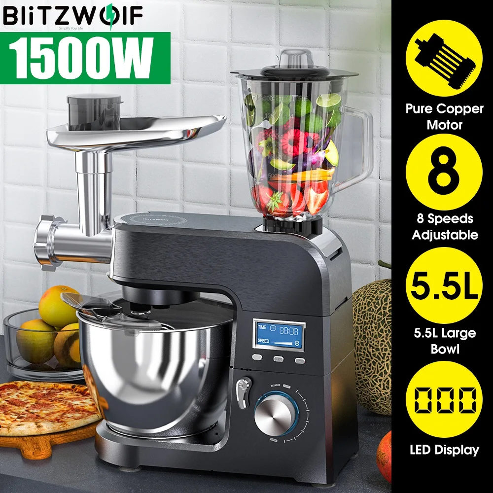 BlitzWolf BW-VB1 Vertical Blender Stand Mixer with 1500W Pure Copper Motor 8 Adjustable Speeds Multifunctional Design 5.5L Bowl