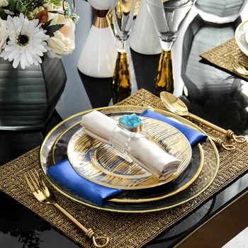 Blue/ Gold European Glass Pearl Gold Inlay Tableware Set 4