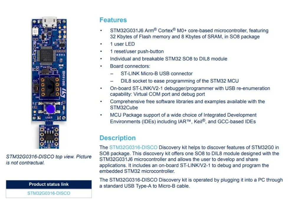 1 шт. x STM32G0316-DISCO комплект обнаружения с STM32G031J6 MCU и бортовой ST-LINK/V2-1-отладчик/программист