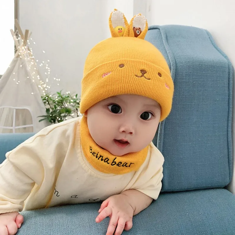 Повседневные детские Разноцветные Вязаные шапки в рубчик для мальчиков и девочек; мягкие милые шапки с рисунком из мультфильма - Цвет: Цвет: желтый