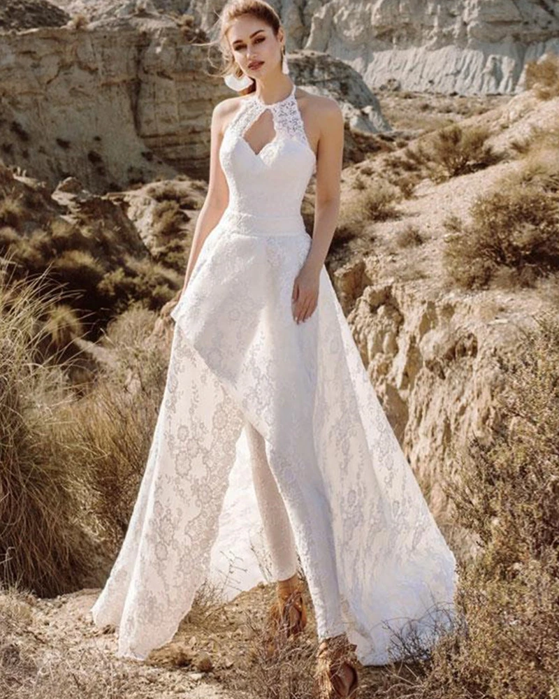 Boho Lace Jumpsuit Wedding Dress With Pants Sexy Backless Halter Neck  Spring Summer Bride White Reception Dresses Elopement| | - AliExpress