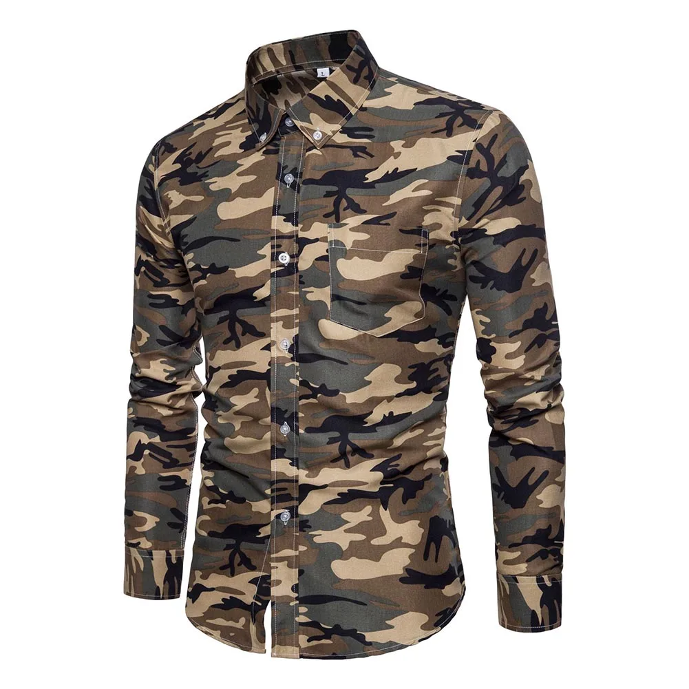 Khaki camouflage Поп мужская рубашка с отворотом с длинным рукавом камуфляжная Печать Повседневная Передняя Кнопка для бизнес вечерние Pop 88 - Цвет: Khaki camouflage