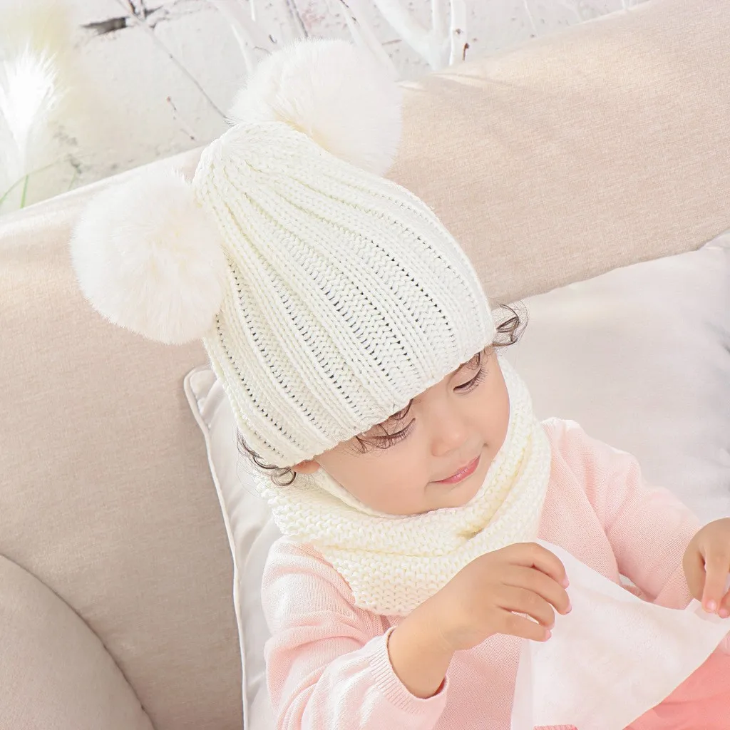 E Детские шапки для детей 1-3 лет, зимняя теплая шапка, комплект для мальчиков и девочек, вязаная шапка с двойным ворсом и помпоном, мягкие зимние вязаные шапки - Цвет: E