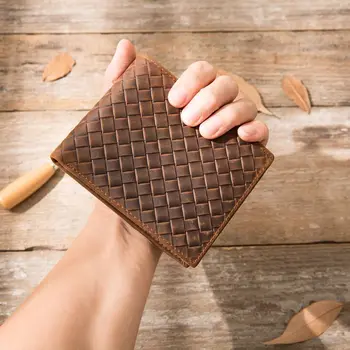 

2020 New Retro Woven Leather Men's Wallet Cowhide Coin Purse Card Holder Wallet Casual Short Wallet Rhombus Crazy Horse Leather