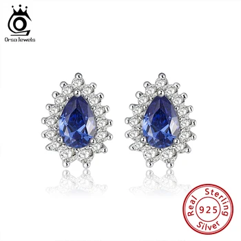 

ORSA JEWELS Classic Woman Real 925 Sterling Silver Oval Blue Sapphire Stud Earrings with AAAA Zircon Jewelry Party Gift OSE253