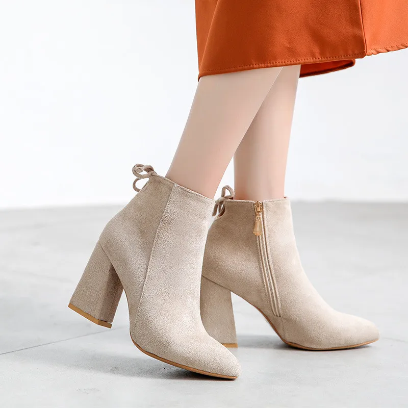 Hot Sale Women Boots Autumn Winter Flock Ankle Boots Female Square High Heels Shoes Woman Zipper Botas Zapatos Mujer