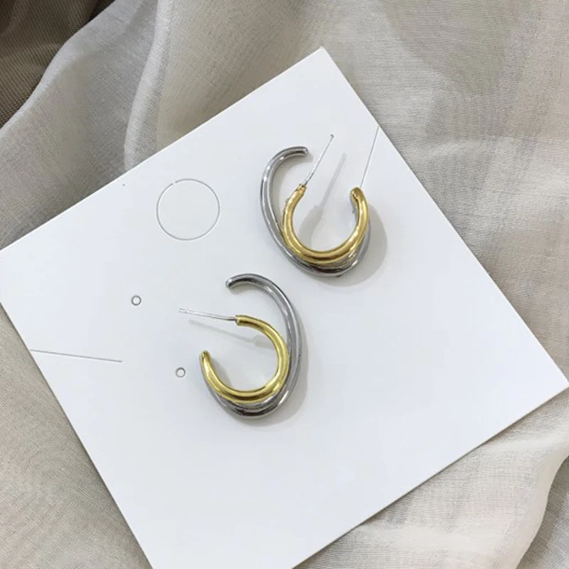 Шикарные корейские двухцветные серебряные золотые геометрические серьги-гвоздики для женщин и девушек праздничные аксессуары на подарок модное ювелирное изделие