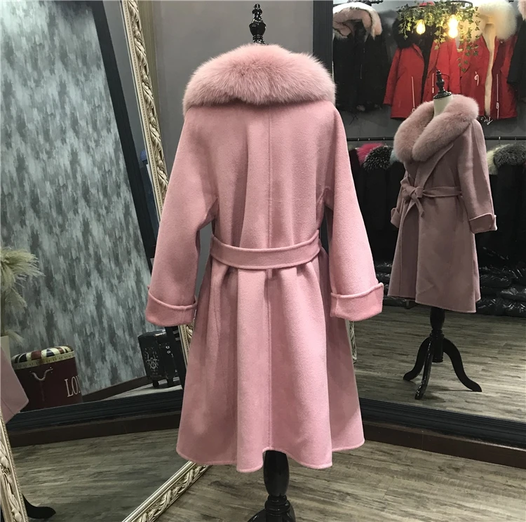 Rf0225 High Street шерстяное Женское пальто с воротником из натурального Лисьего меха с длинным рукавом и поясом шерстяное пальто