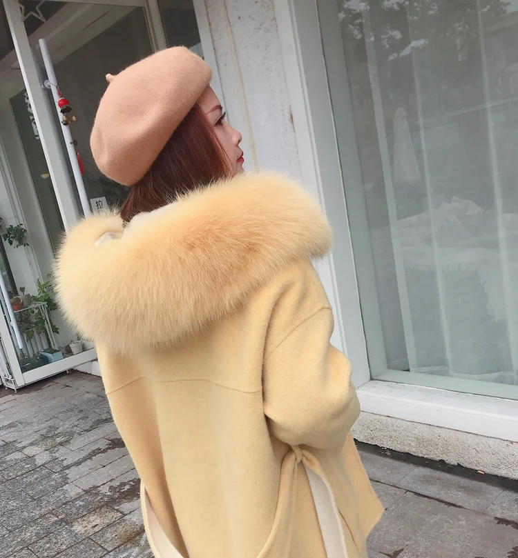 Women Wool Blend Coat fox Fur Collar Hooded jacket fashion new real fur coat long streetwear thick warm parka