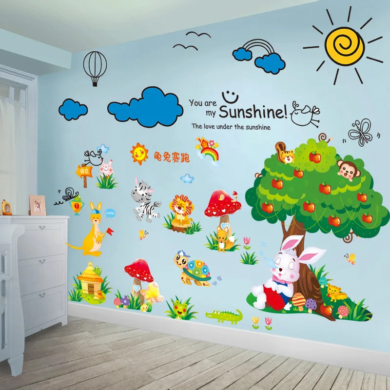 

[shijuekongjian] Turtle Rabbit Tree Animal Wall Stickers DIY Cartoon Clouds Wall Decals for Kids Bedoom Baby Room Decoration