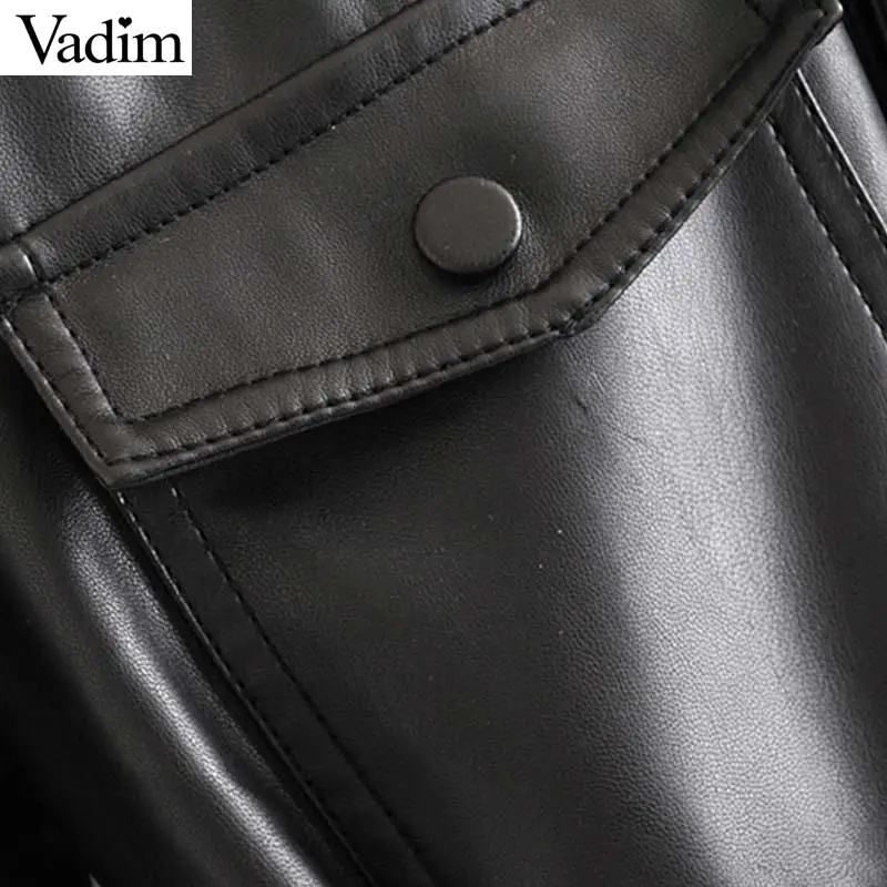 Vadim, женские черные Куртки из искусственной кожи, галстук-бабочка, пояс, карманы, длинный рукав, пальто с разрезом, женская верхняя одежда, шикарные повседневные топы CA585