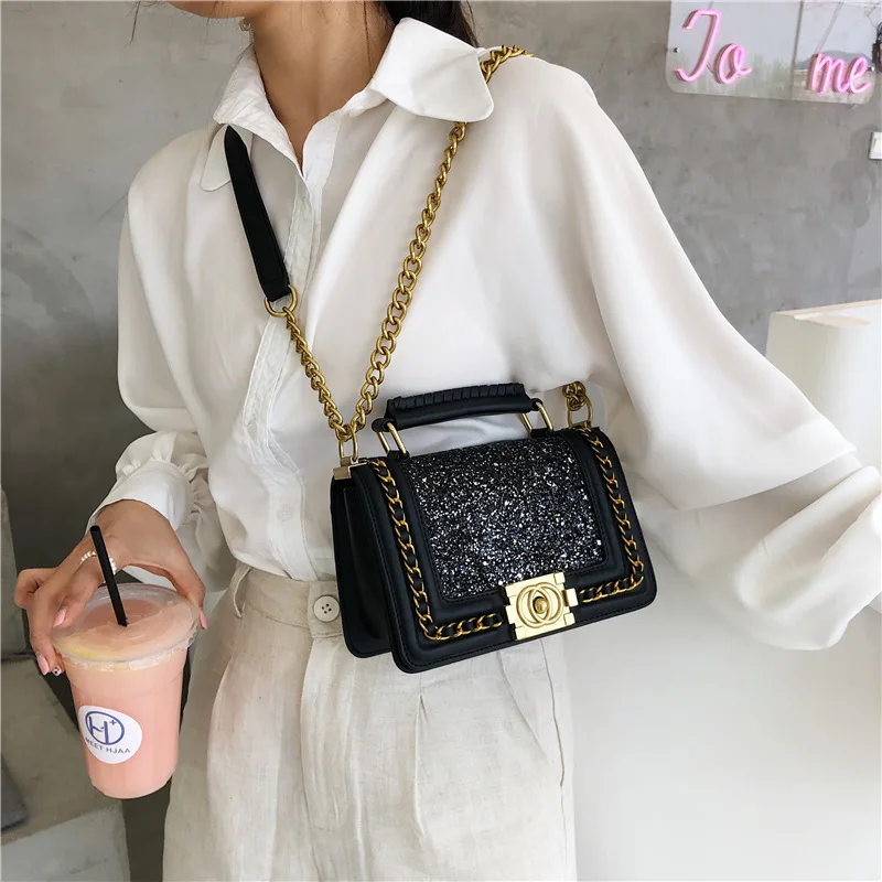 

New Arrival Bag Women's 2019 Fashion Sequin Square Sling Bag Elegant Versatile Hand Shoulder Bag with Chain Women's