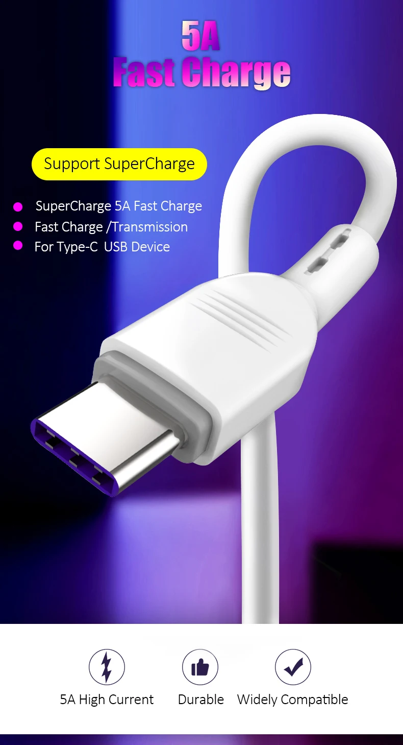5A USB Type C Cable For Samsung S10 Huawei P30 Pro Fast Charge Type-C Mobile Phone Charging Wire USB C Cable for Samsung S9 S8