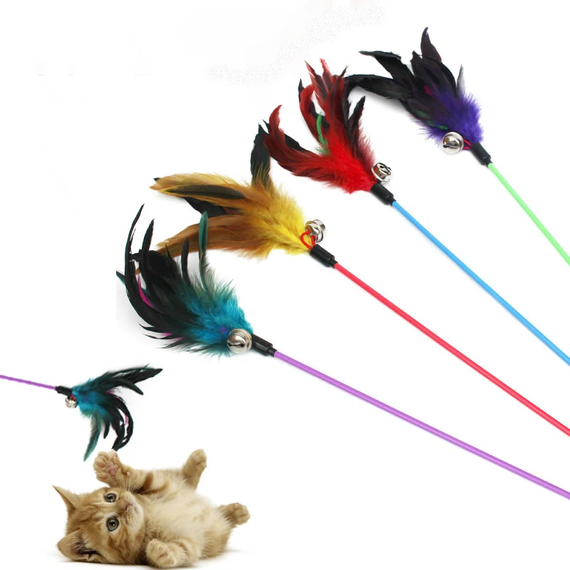 1PCS Cat Toys Cat Stick Feather With Small Bell Natural Like Birds Random Color Black Coloured Pole