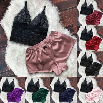 

Women Lace V-Neck bodices suit Camisole Bowknot Shorts Set