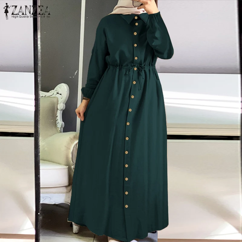 Retro Muslim Shirt Dress Womens Puff Sleeve Sundress ZANZEA 2020 Casual Drawstring Maxi Vestidos Female Button Robe Oversized
