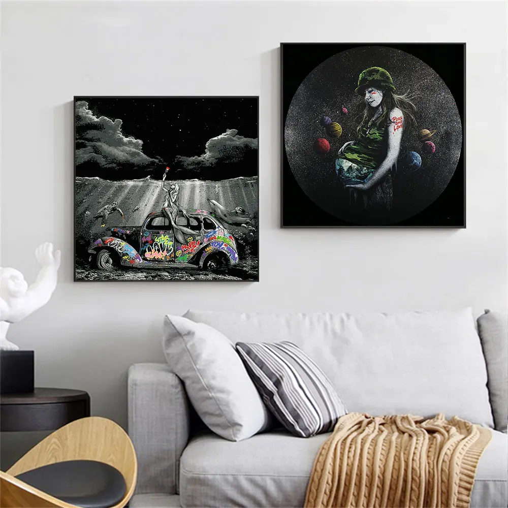 Planet Peace And Love Pop Art Poster Graffiti Car Dark Sky Canvas Painting Print Wall Art Picture For Living Room Home Decor