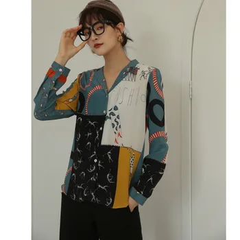 

Korea Satin Silk Blouse Ladies Shirt Long Sleeve Lapel V Neck Color Block Blouse Button Down Shirt For Women Fall 2020 Z032