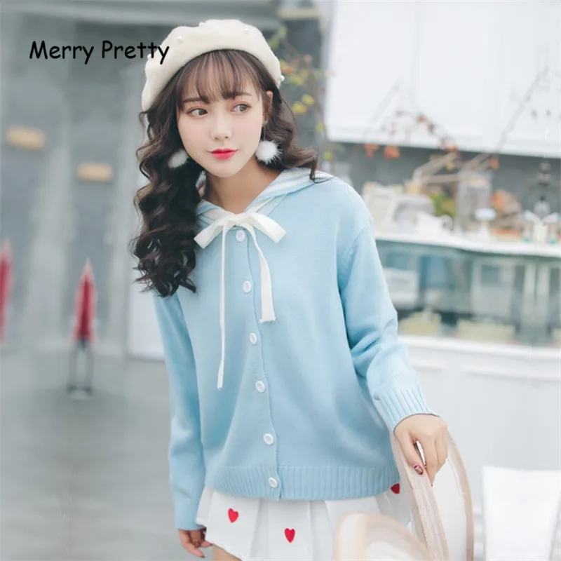 Merry Pretty Autumn New Women Cardigans Loose Outwear Winter Preppy Style Knitwear Cute Kawaii Red Bow Tie White Sweaters Girls |