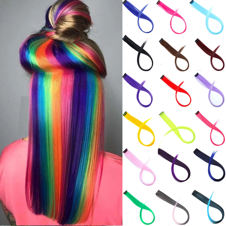 女性用ヘアエクステンション 人工色 レインボーカラー ロングピース 22インチ ストレート Synthetic Clip In One Piece Aliexpress