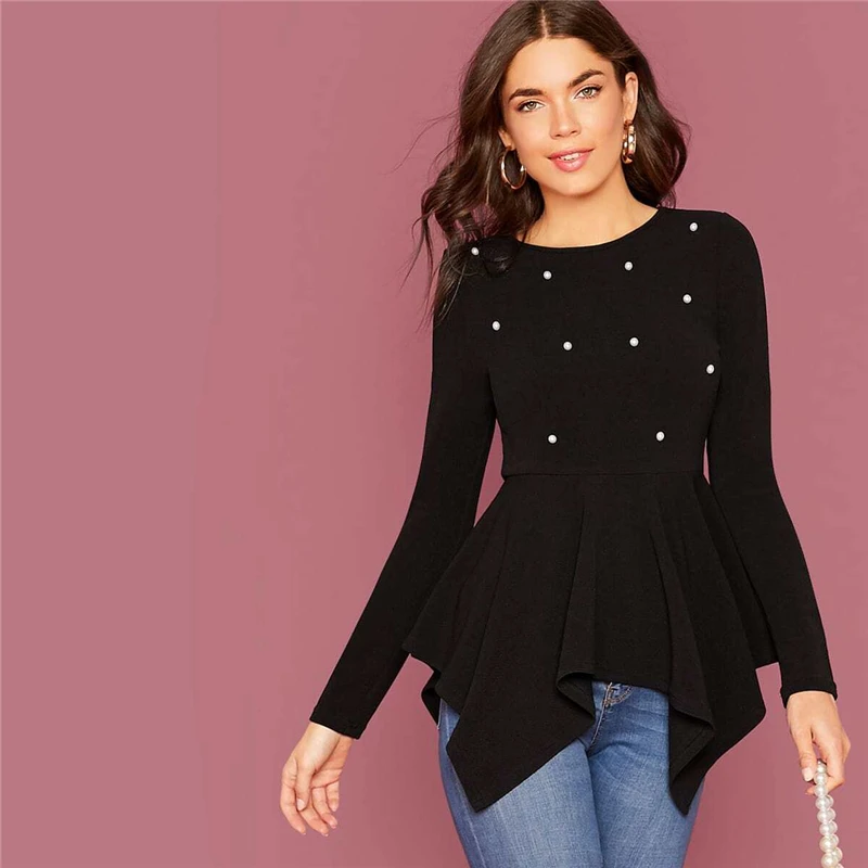 SHEIN Pearl Embellished Hanky Hem Peplum Top Women Spring Autumn Fitted Flared Round Neck Elegant Womens Tops and Blouses