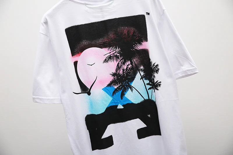 Морской вид кокосовое дерево 19ss Off-White OW мужские/женские модные парные модели влюбленных хлопковая Повседневная футболка с коротким рукавом и круглым вырезом