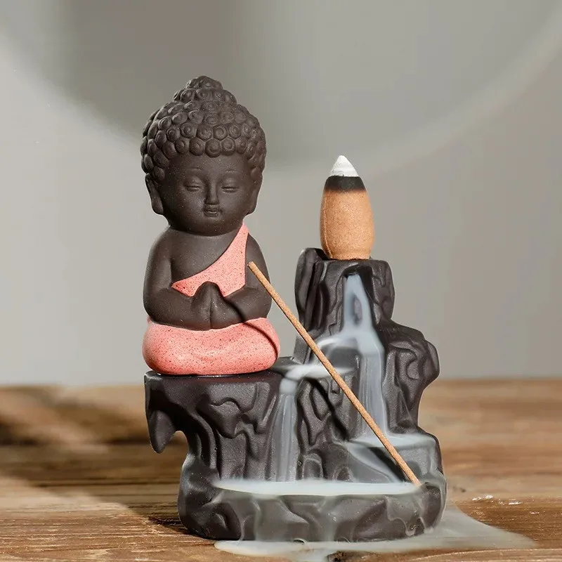 Home Decor The Little Monk Small Buddha Backflow Incense Burner Creative Incense Stick Holder Waterfall Censer+ 20pcs Cones