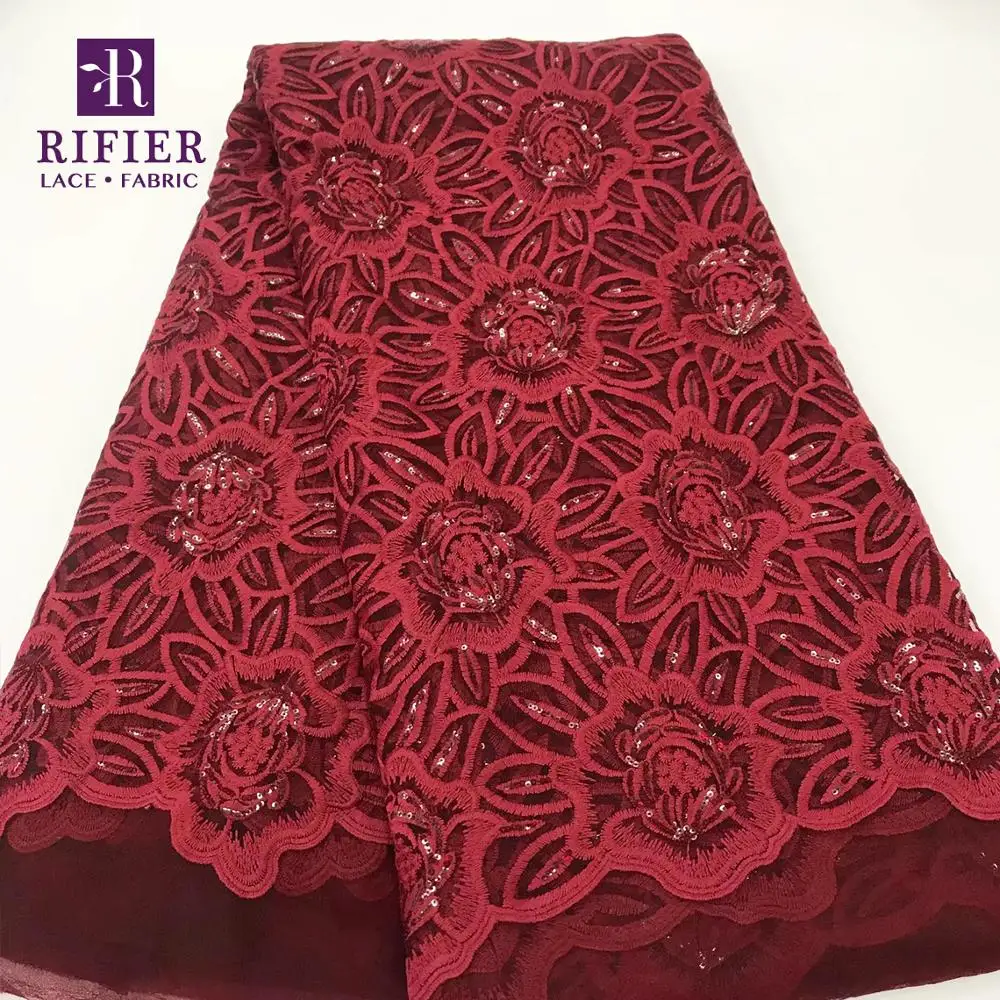 

Sequined Style 2019 Nigerian Embroidered Fabric Burgundy Color Laces For Senegal Noble Lady Evening Gown Sequins Mesh Material
