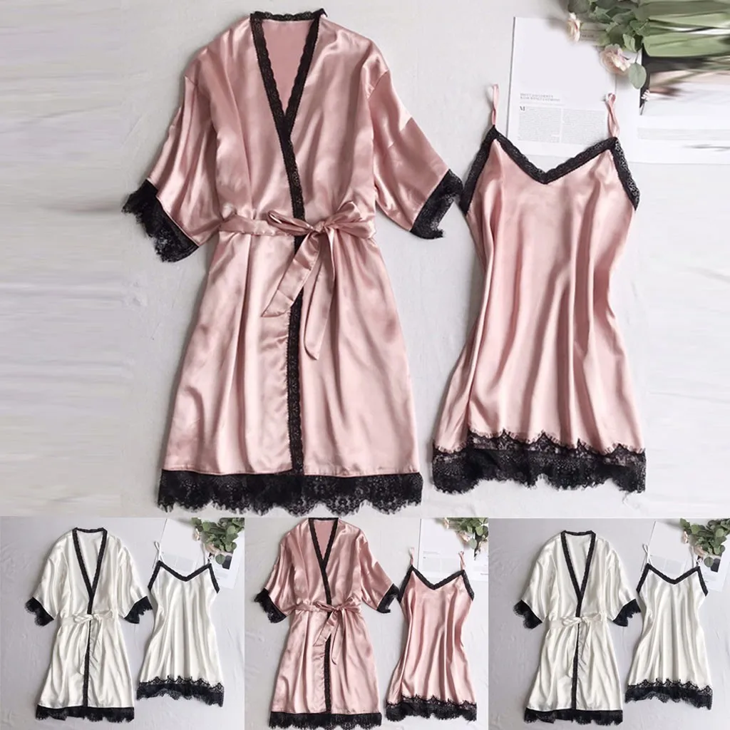 New Silk Satin Women Robe& Gown Sets Sleep Dress+Robe Sleepwear Sexy Night Gown Nightdress Home Wear Babydoll Sleepwear Hot*S