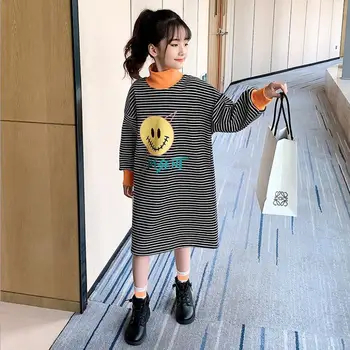 

girl Winter dress 2019 Thickening warm kids stripe Cartoon dresses fashion high-grade children Long sleeve dress