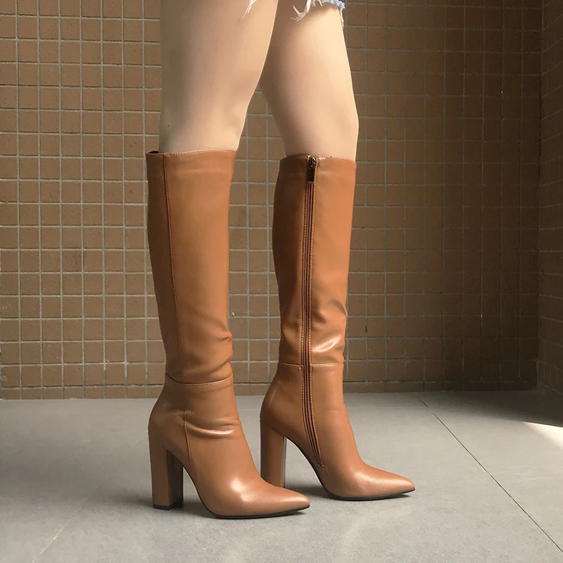 

Pointed Toe Block High Heel Knee High Boots Women Fashion Zipper Long Boots Red Black Brown Beige Winter Shoes Woman 2020 Plus