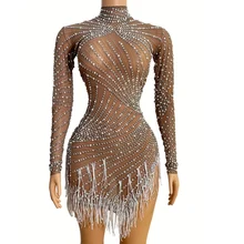 

Glistening Embellished Pearl Fringes Perspective Mini Women Dresses Diamond Dresses Nightclub Outfit Party Evening Costume