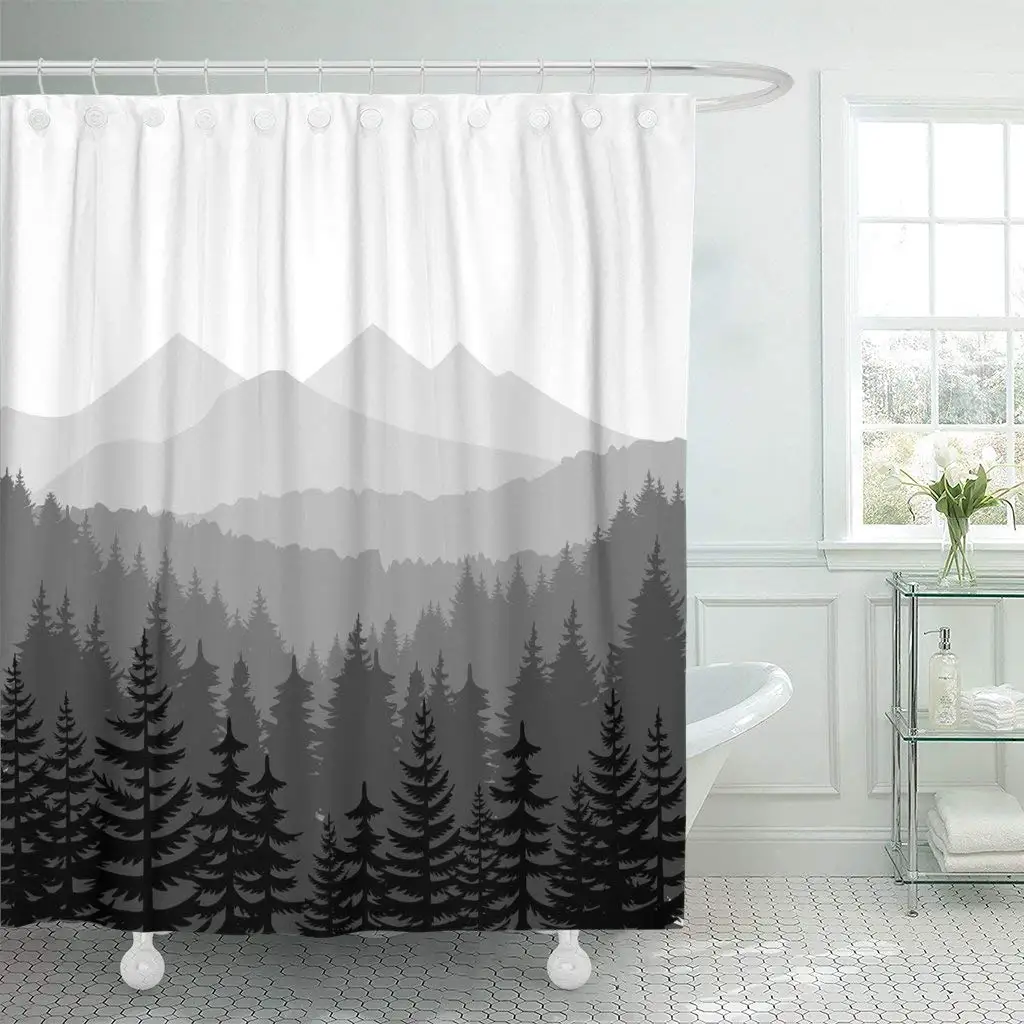 

Green Tree Pine Forest and Mountains Panorama Taiga Silhouette Bathroom Decor Shower Curtain Sets with Hooks Polyester Fabric