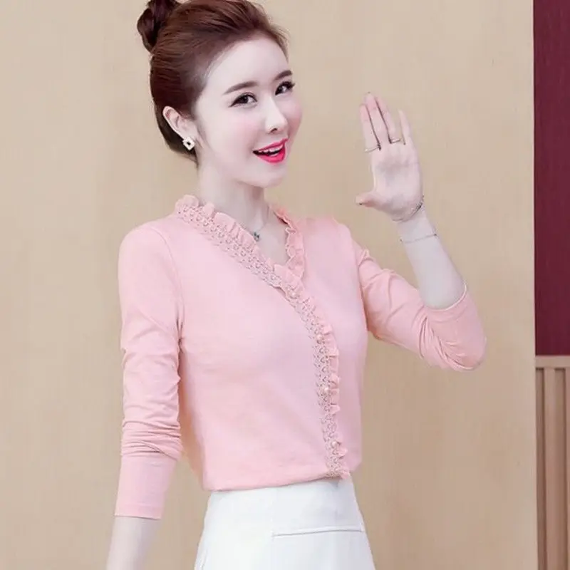 

Women's Spring Summer Style Blouses Shirt Women's V-neck Ruffles Solid Color Long Sleeve Korean Lace Tops SP131