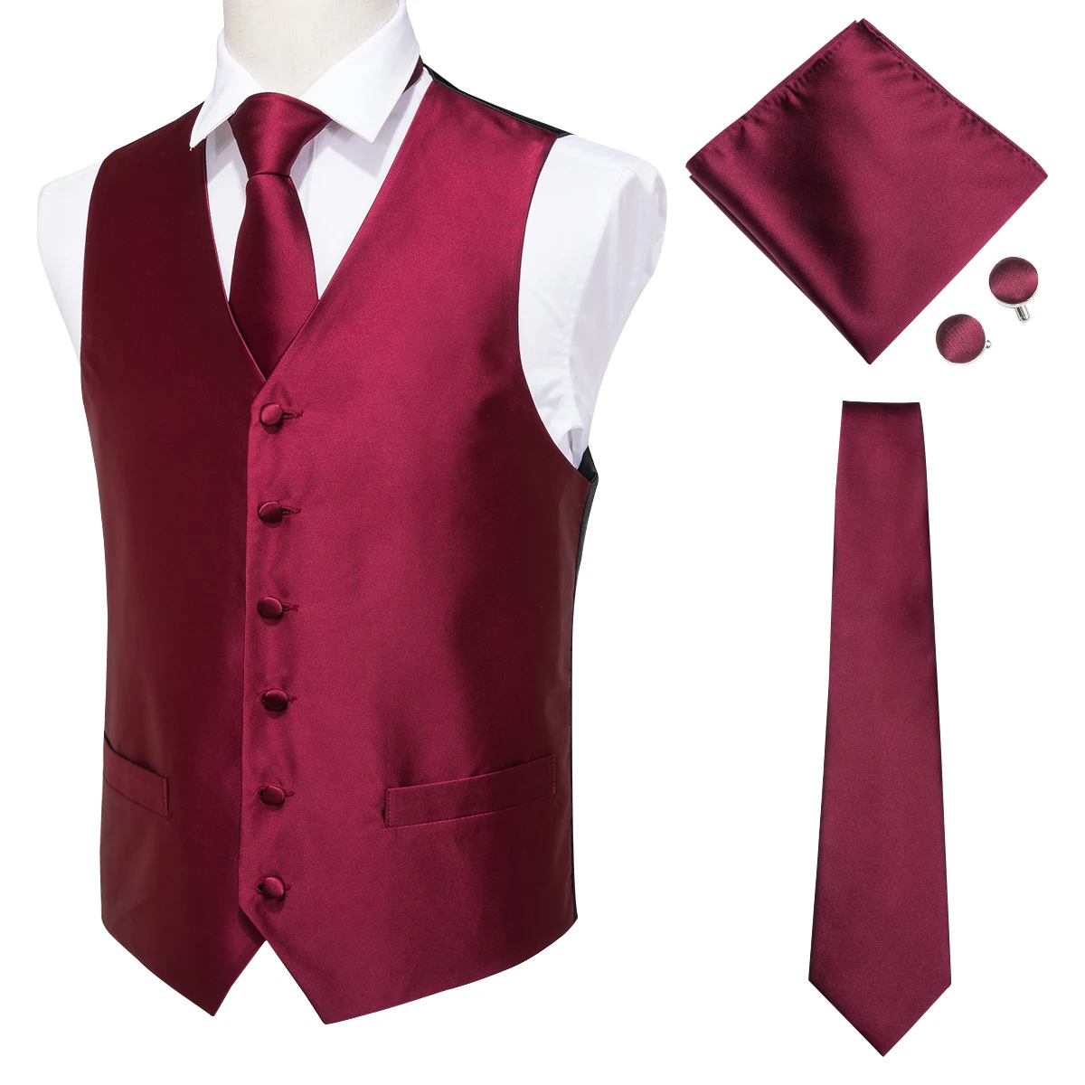 Hi-Tie-Chaleco de seda 100% para hombre, conjunto de traje rojo vino, chaleco informal inteligente para hombre, chaqueta Formal de - AliExpress