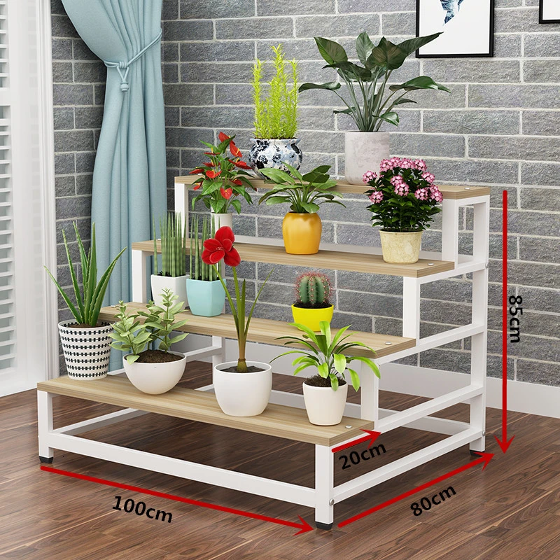 Flower Rack Iron Art Indoor Multi-storey Stairs Type Ladder Shelf To Ground Balcony Green Radish Meat Solid Wood Flowerpot - Цвет: lightwalnut