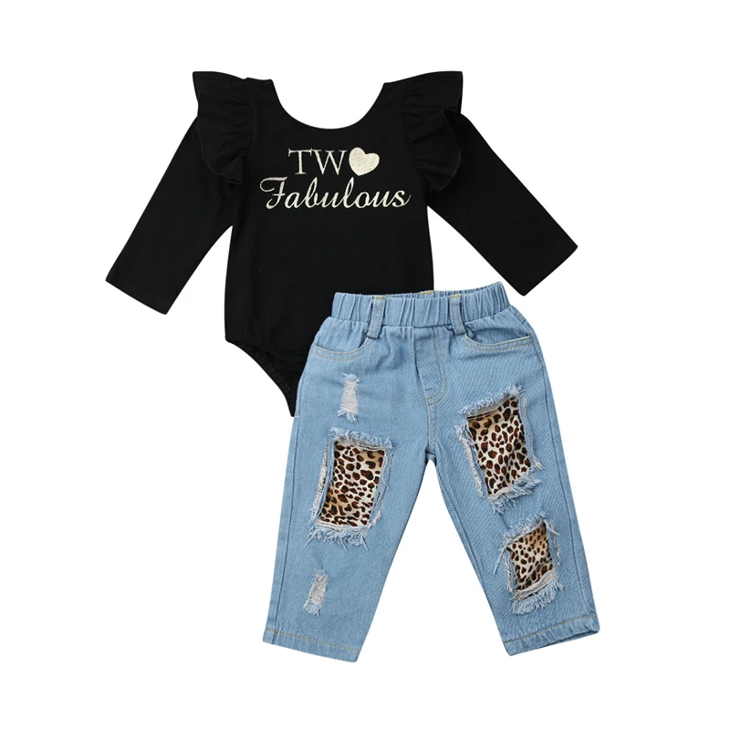 

2PCS Toddler Baby Spring Autumn Clothing Kids Baby Girl Ruffle Long Sleeve Romper+Ripped Denim Leopard Pants Casual Outfits 1-6T